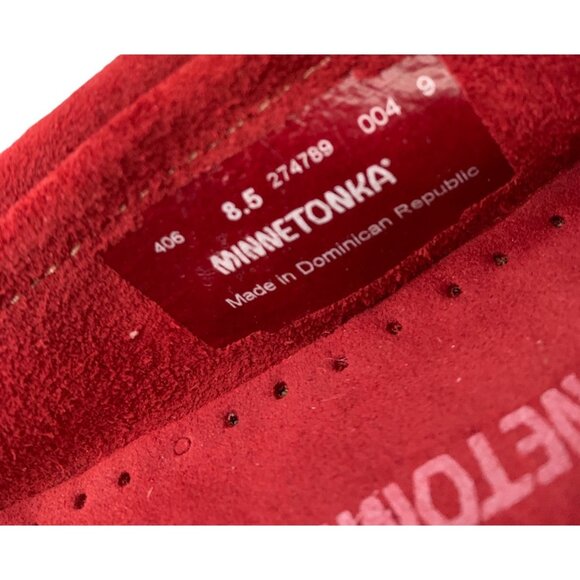 New Minnetonka Red Suede Moccasin Mocs Flats Loafer Size 8.5  Q10139 Whipstitch - Picture 3 of 8